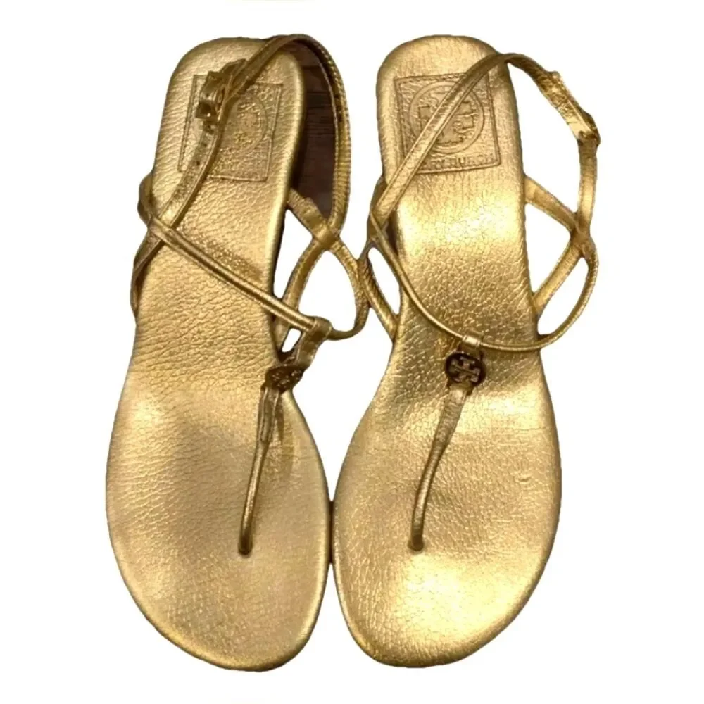 Tory Burch Designer Emmy Metallic Strappy Gold Women's Leather Sandals 6